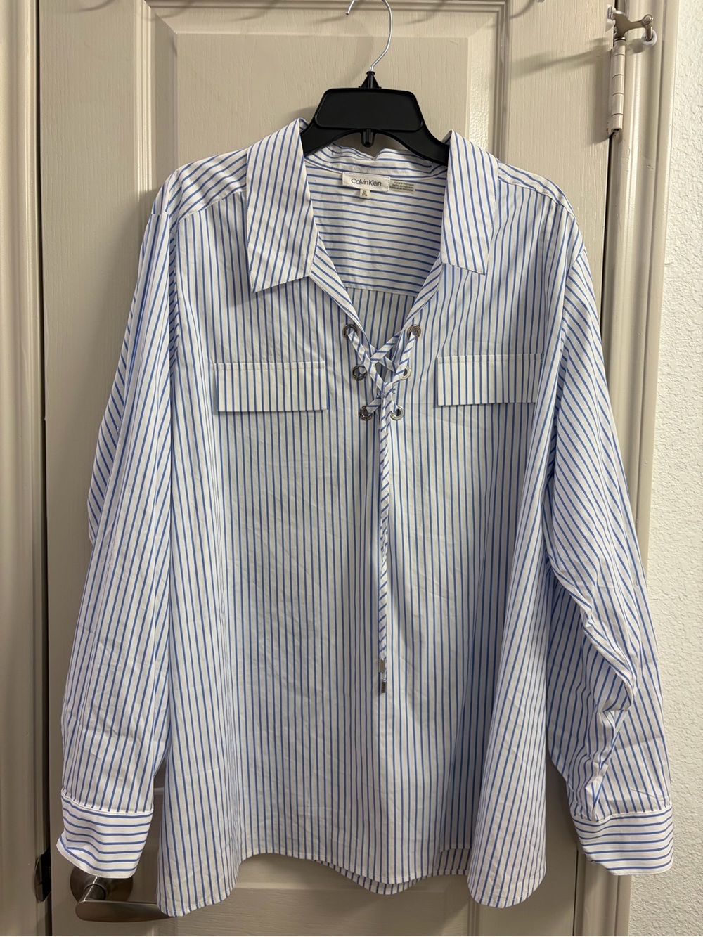 Calvin Klein Men’s Light Blue and White Striped Lace-Up Button Down Shirt